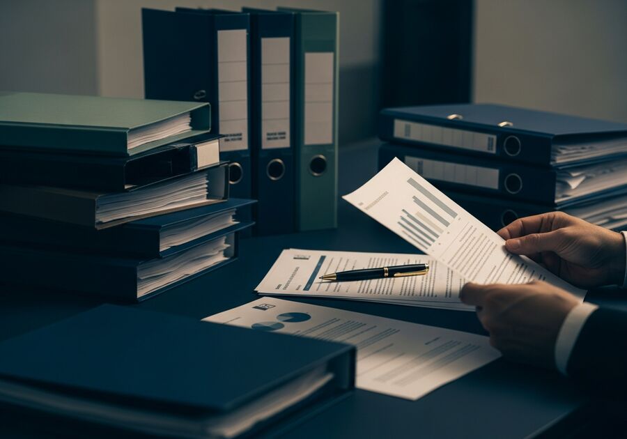 Confidential case files and a report being reviewed at an investigator's desk