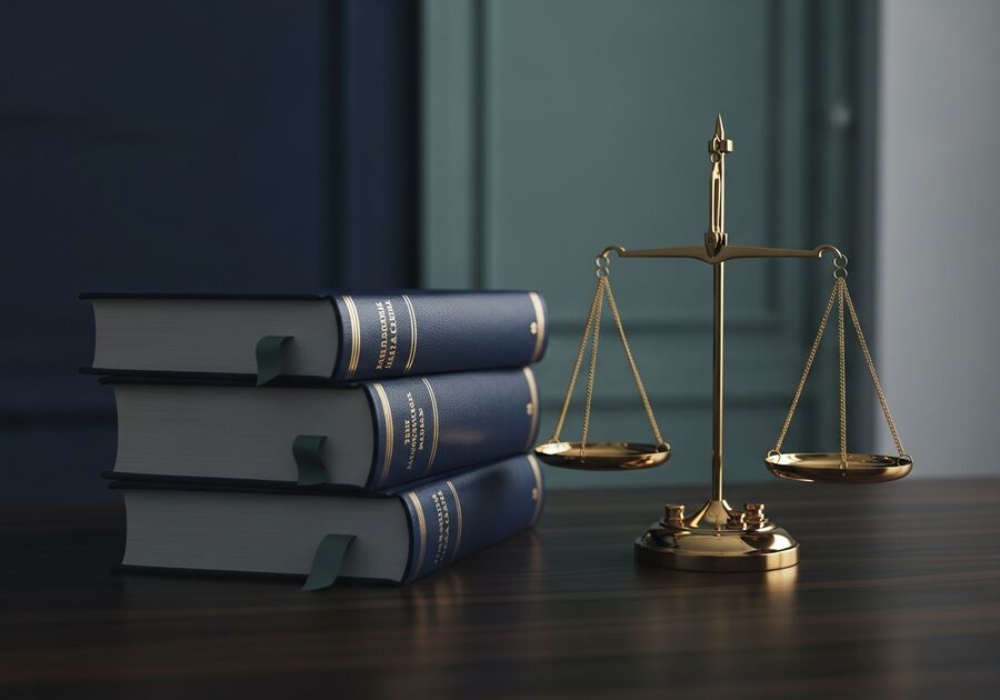 Law books beside brass scales of justice on a dark wood desk